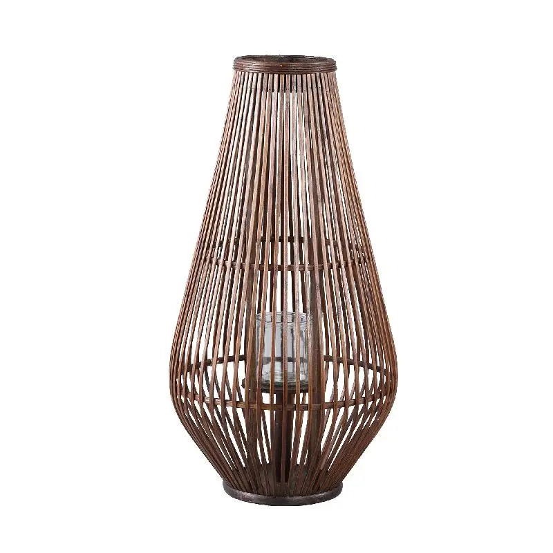 Laterne – Rundes Bambus Design, Glas Einsatz, Brauner Farbton, L – Lysia | PTMD