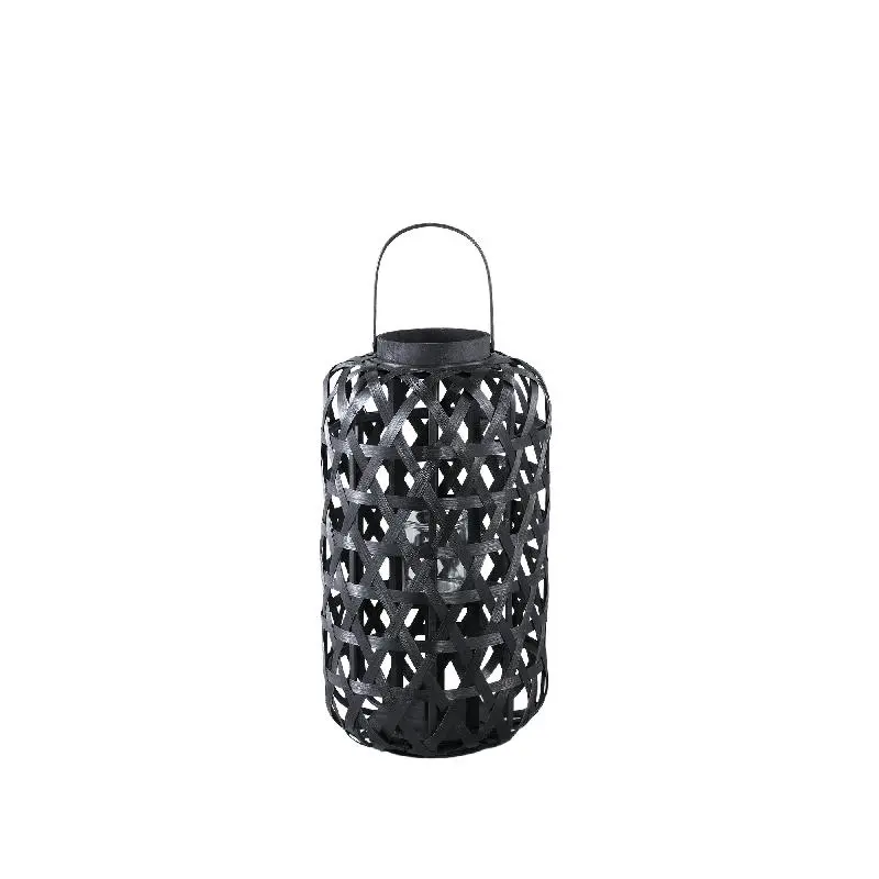Laterne – Rundes Bambus Design, Glas Einsatz, Schwarzer Farbton, S – Mayita | PTMD