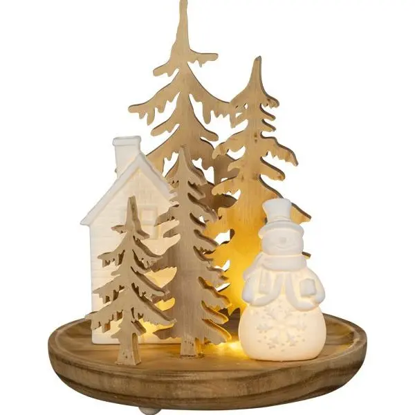 LED Dekoration mit Keramikfiguren auf Holz, 24 cm