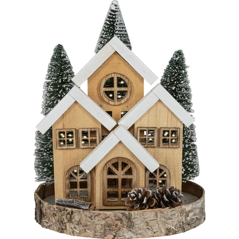 LED Dekoration "Waldhaus" auf Holzsockel, natur, 24 cm