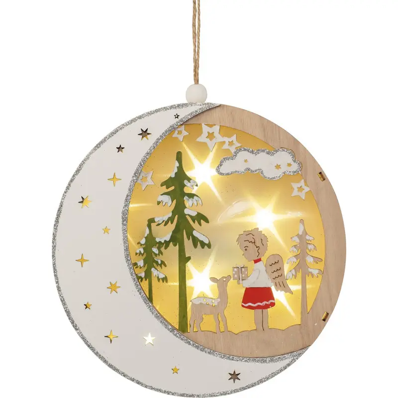 LED Fensterbild "Mond und Weihnachtsengel" mit Timer, farbig, Ø 18 cm