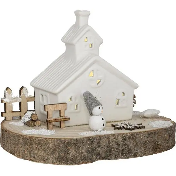 LED Keramikhaus auf Holzsockel, 16 cm