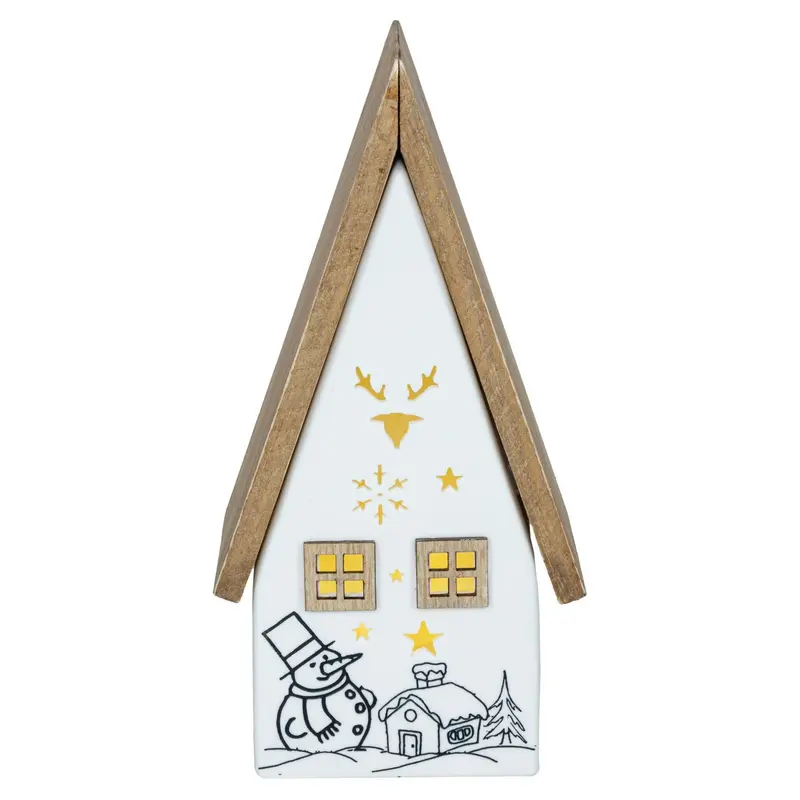 LED Keramikhaus mit Holzelementen für Batteriebetrieb mit Timer, 21 cm