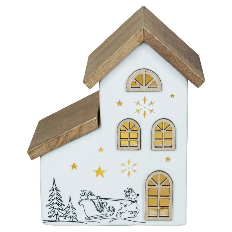 LED Keramikhaus mit Holzelementen für Batteriebetrieb mit Timer, 23 cm