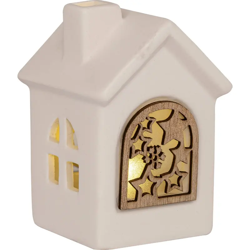 LED Keramikhaus mit Holzfenstern für Batteriebetrieb, 10 cm