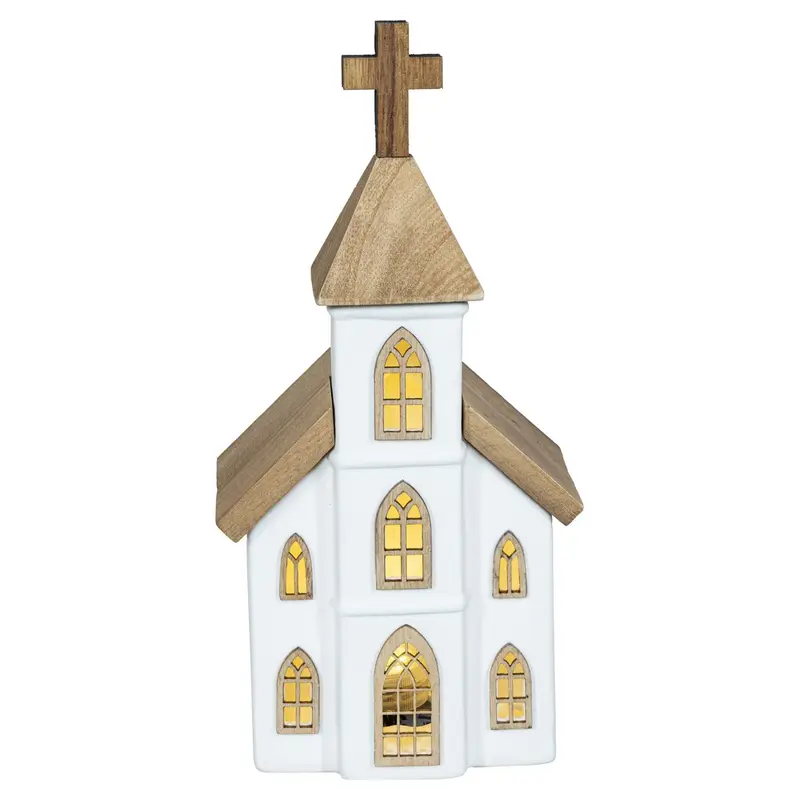 LED Keramikkirche mit Holzelementen für Batteriebetrieb mit Timer, 23 cm