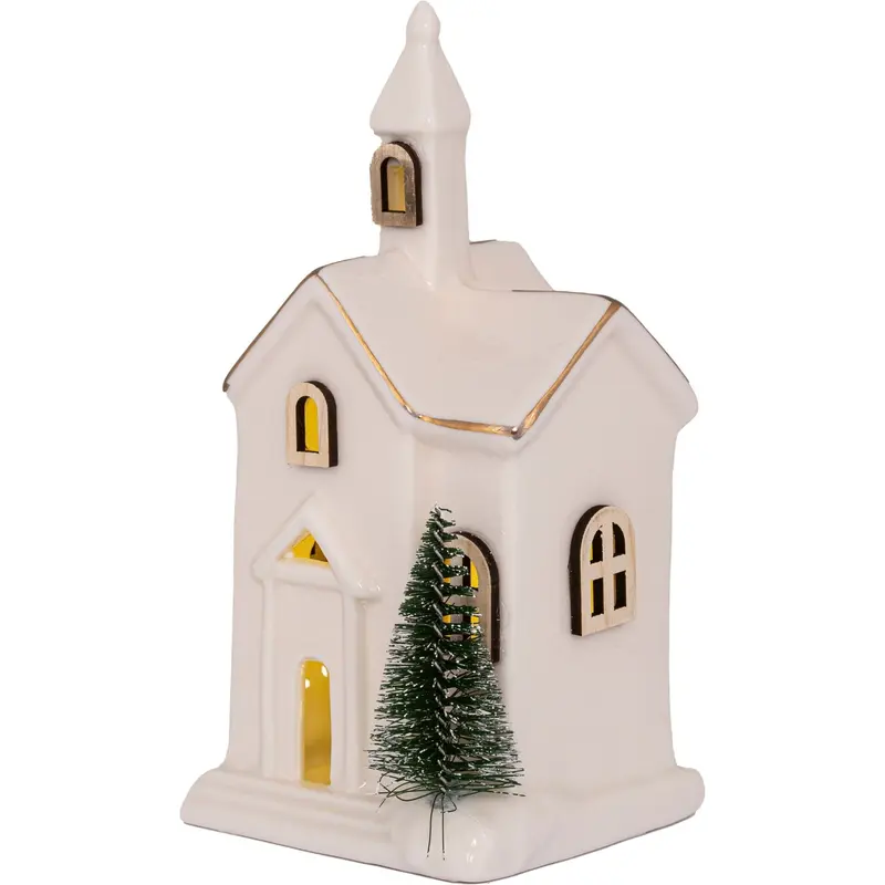 LED Keramikkirche mit Holzfenstern für Batteriebetrieb, 15 cm