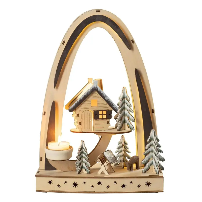 LED Lichterbogen mit Teelichthalter "Waldhaus", natur, 33 cm