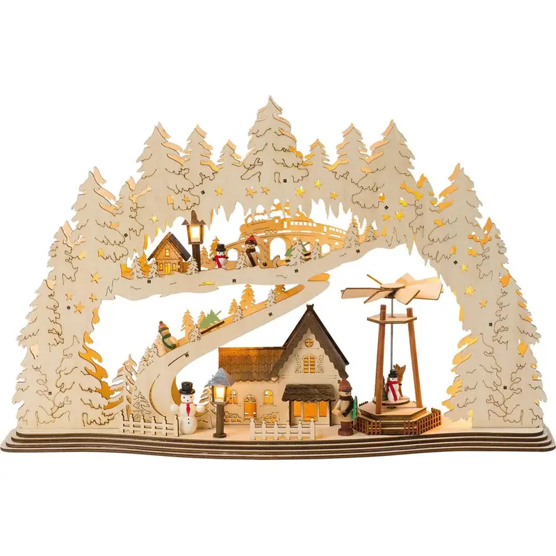LED Lichterbogen "Weihnachtsdorf" mit beweglicher Pyramide, natur, 57 cm