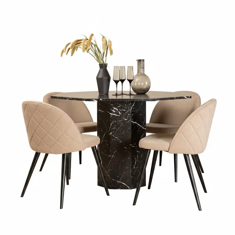 Marbs rundes 5 teilig Essgruppen Set mit schwarzem Tisch Ø 110 cm in Marmoroptik und 4 beigen Esszimmerstühlen