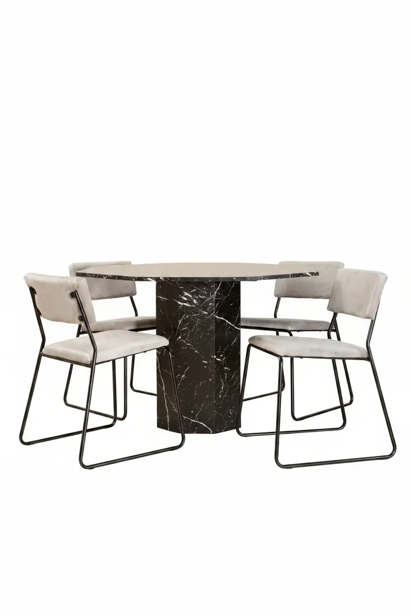 Marbs rundes 5 teiliges Essgruppen Set mit schwarzem Tisch in Marmoroptik Ø 110 cm und 4 grauen Kenth Samtstühlen