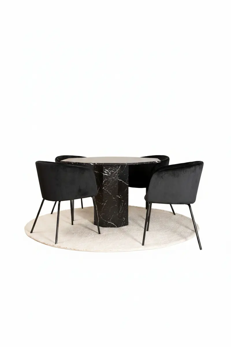 Marbs rundes 5 teiliges Essgruppen Set mit schwarzem Tisch in Marmoroptik Ø 110 cm und 4 schwarzen Berit Samtstühlen