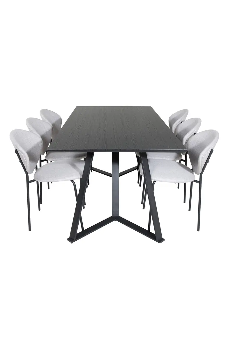 Marina 7 teiliges rechteckiges Essgruppen Set mit schwarzem Tisch 180 x 90 cm und 6 hellgrauen Esszimmerstühlen