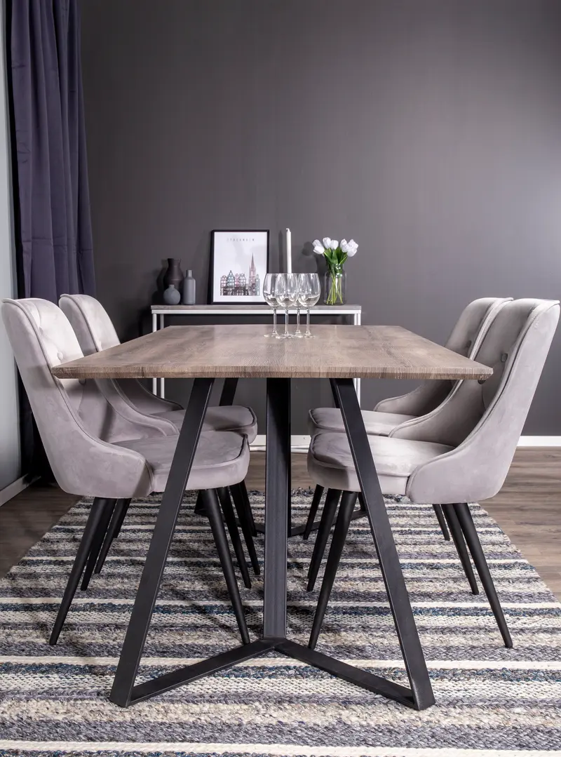 Marina Essgruppe 5 teilig mit Esstisch Holzmaserung 180 x 90 cm und 4 hellgrauen Samtstühlen