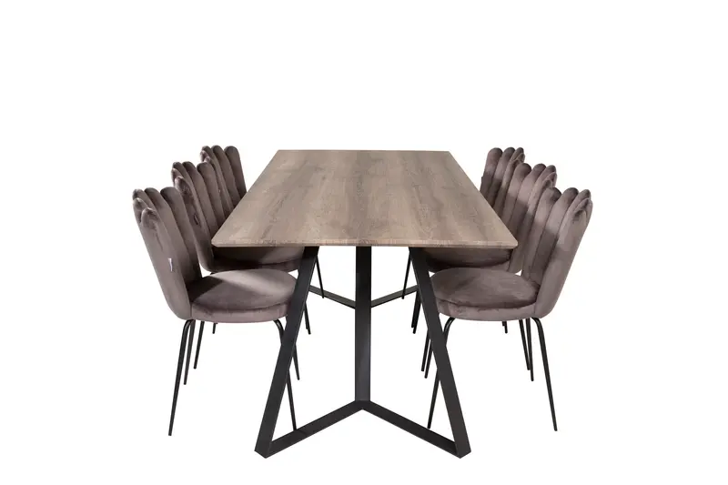 Marina Essgruppe 7 teilig mit Esstisch 180 x 90 cm und 6 grauen Samtstühlen