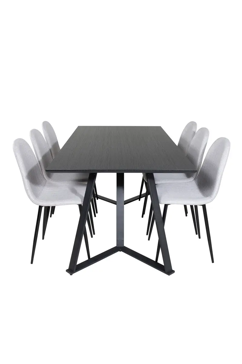 Marina rechteckiges 7 teiliges Essgruppen Set mit schwarzem Tisch 180 x 90 cm und 6 hellgrauen Esszimmerstühlen