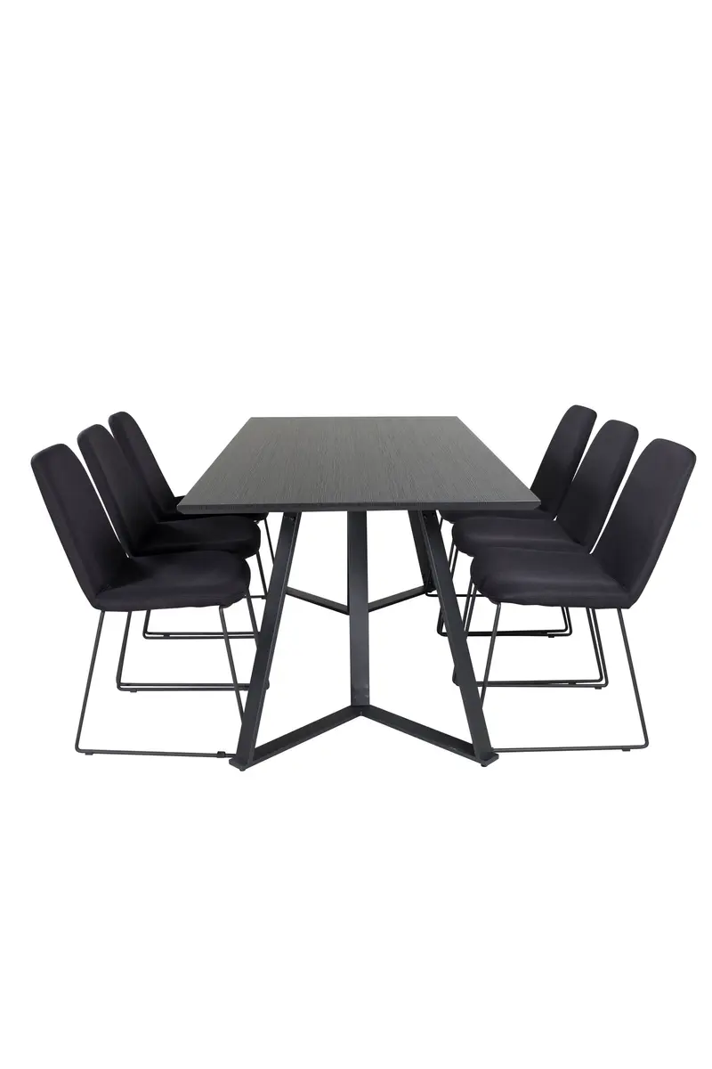Marina rechteckiges 7 teiliges Essgruppen Set mit schwarzem Tisch 180 x 90 cm und 6 schwarzen Esszimmerstühlen
