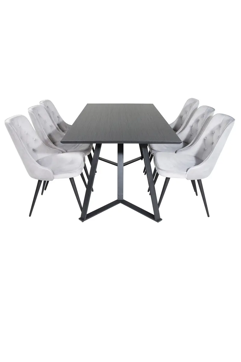 Marina rechteckiges Essgruppen Set mit grauem Tisch 180 x 90 cm und 6 hellgrauen Samtstühlen mit Knopfheftung