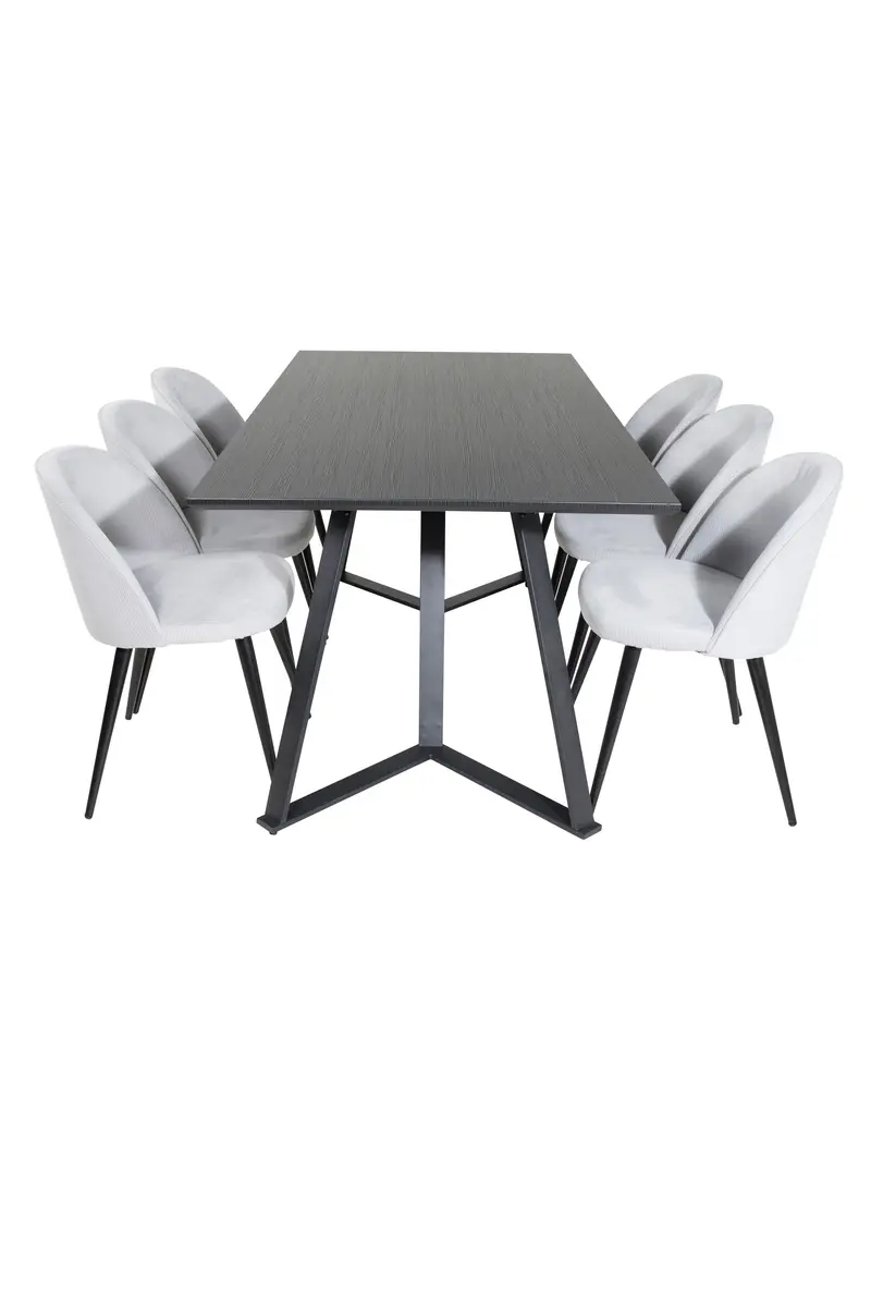 Marina rechteckiges Essgruppen Set mit grauem Tisch 180 x 90 cm und 6 hellgrauen Samtstühlen