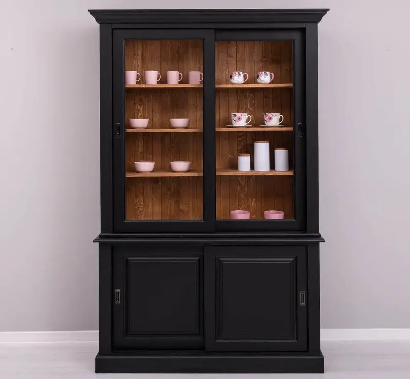 Massivholz- Geschirrschrank mit Schiebetüren und 2 Schubladen | Vitrine