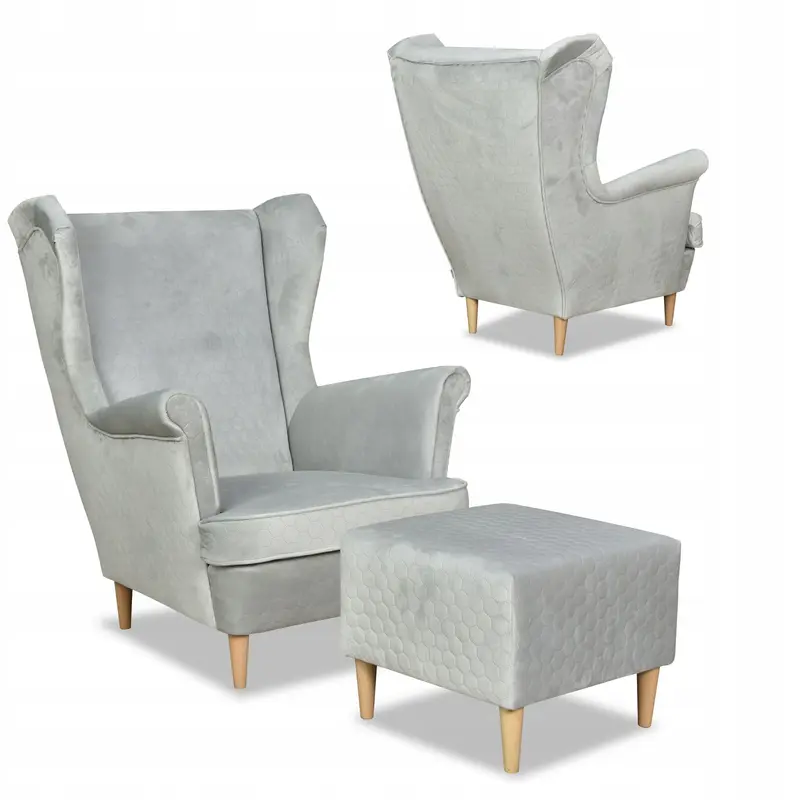 Ohrensessel Angelo hell / grau Fußhocker Ausführung Angelo Royal Plus 26