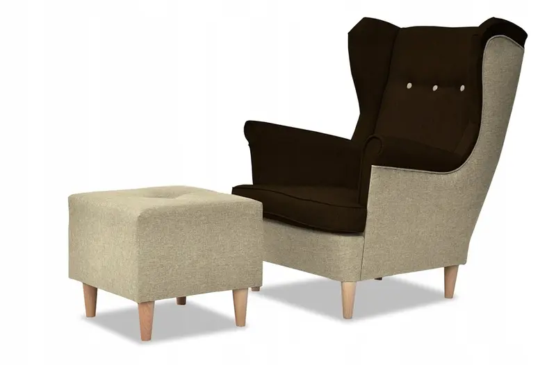 Ohrensessel Ari braun / beige Fußhocker Ausführung SW 26/24