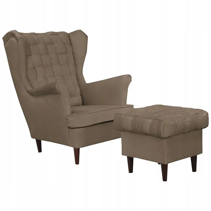 Ohrensessel Carol braun / beige Fußhocker Ausführung MONOLITH 15