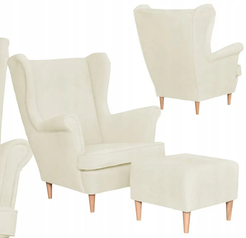 Ohrensessel Hunter beige Samtoptik Fußhocker