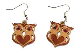 Ohrringe aus Holz mit Eule und Kristallsteinen, Schmuck aus Holz Nr. B044