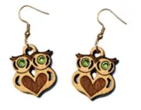 Ohrringe aus Holz mit Eule und Kristallsteinen, Schmuck aus Holz Nr. B044S