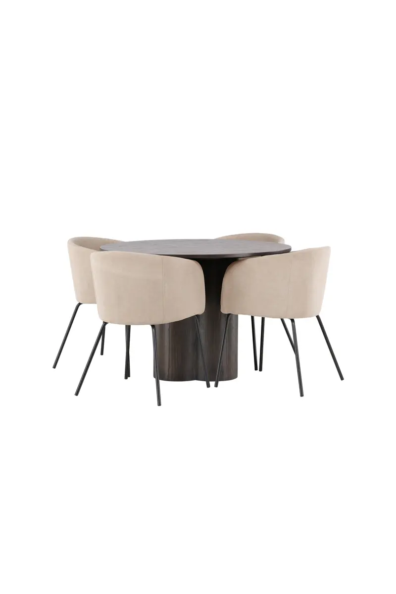 Olivia rundes Essgruppen Set 5 teilig mit rundem Mocca Tisch Ø 110 cm und 4 beigen Esszimmerstühlen