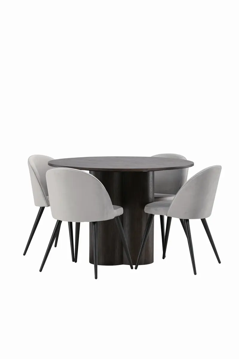 Olivia rundes Essgruppen Set 5 teilig mit rundem Mocca Tisch Ø 110 cm und 4 hellgrauen Samtstühlen