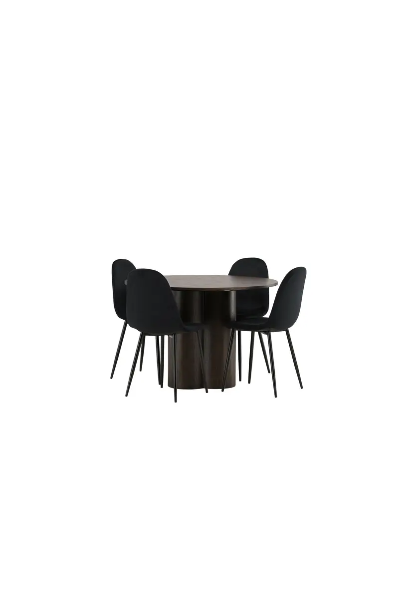 Olivia rundes Essgruppen Set 5 teilig mit rundem Mocca Tisch Ø 110 cm und 4 schwarzen Polar Esszimmerstühlen
