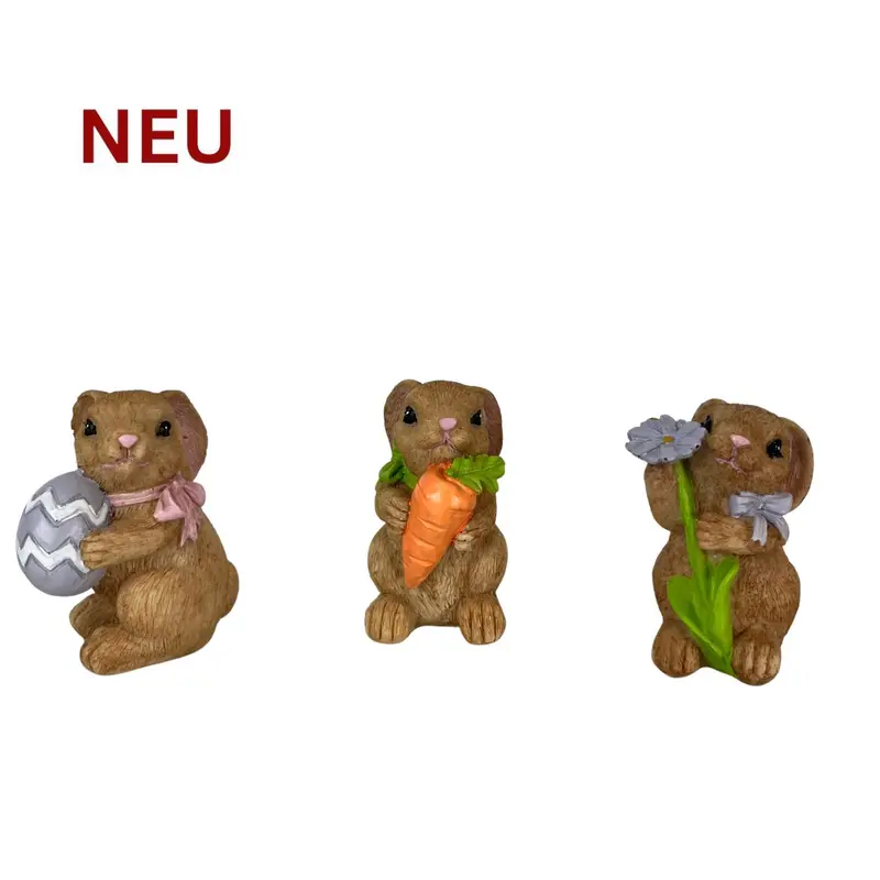 Osterhasen mit Möhre, Ei und Blume, 3er Set, farbig, 8 cm