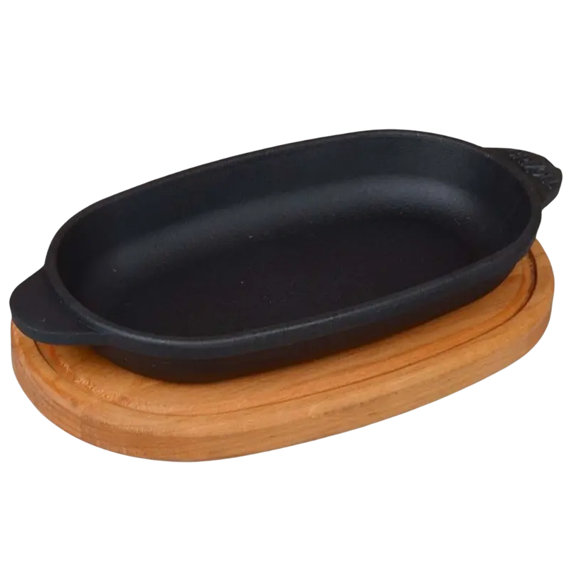 Ovale Servierpfanne Gusseisen 18x10 cm mit Holzablage robust & stilvoll