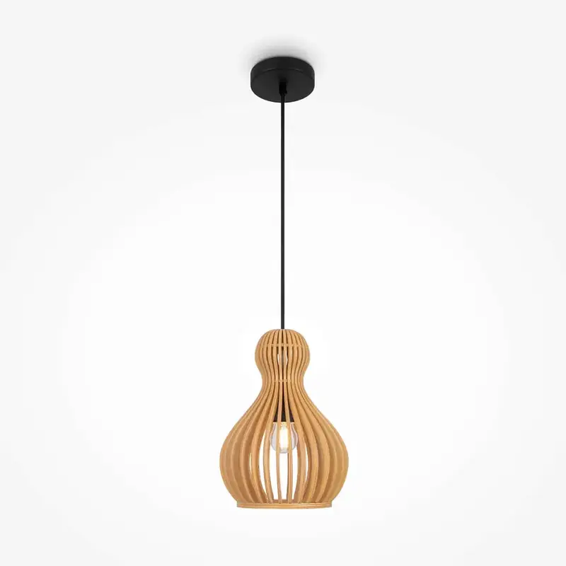 Pendelleuchte – Schwarzes Metall, Holzschirm, Birnenform, E27 Fassung, IP20 Schutz, Ø20 cm - Roots | Maytoni