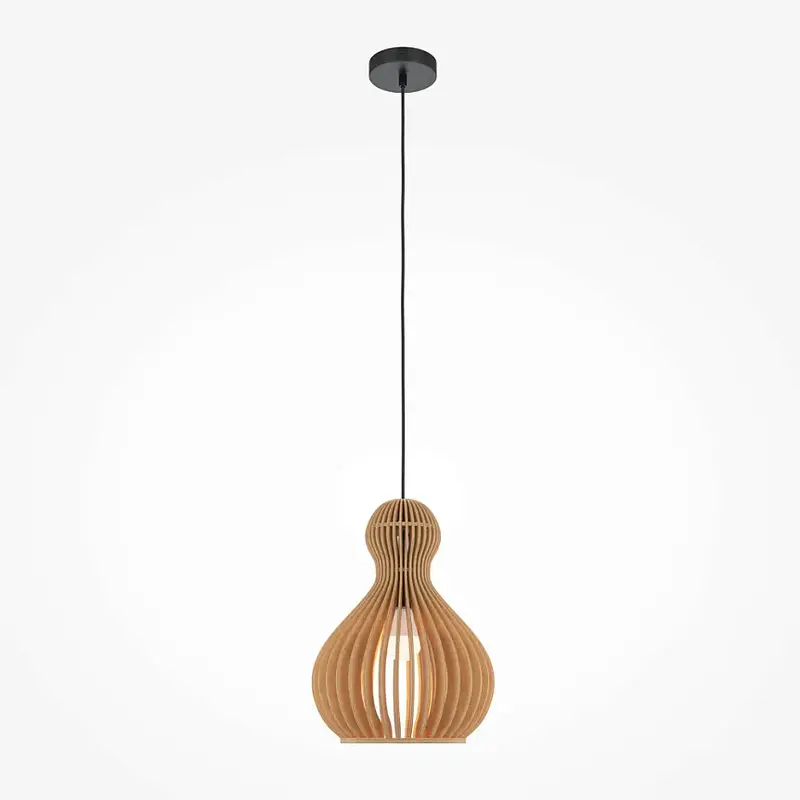 Pendelleuchte – Schwarzes Metall, Holzschirm, Birnenform, E27 Fassung, IP20 Schutz, Ø30 cm - Roots | Maytoni