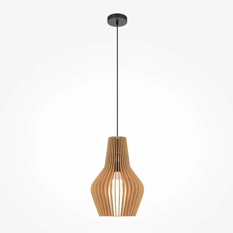 Pendelleuchte – Schwarzes Metall, Holzschirm, Konische Form, E27 Fassung, IP20 Schutz, Ø30 cm - Roots | Maytoni
