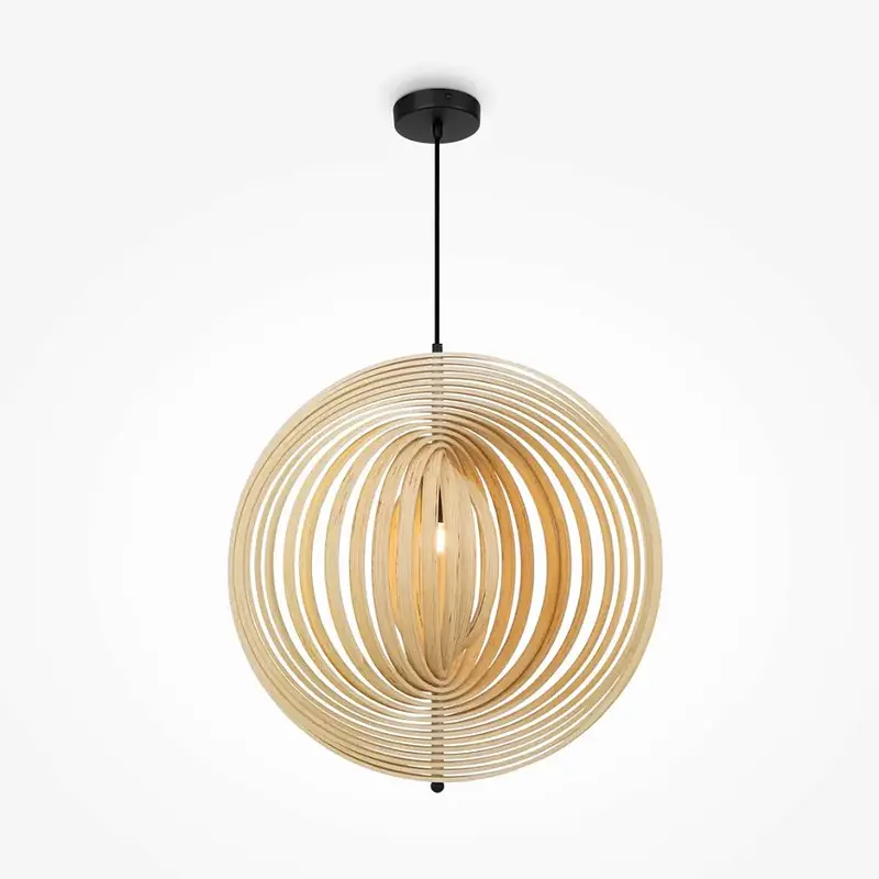 Pendelleuchte – Schwarzes Metall, Holzschirm, Kugel Design, E27 Fassung, IP20 Schutz, Ø60 cm - Roots | Maytoni