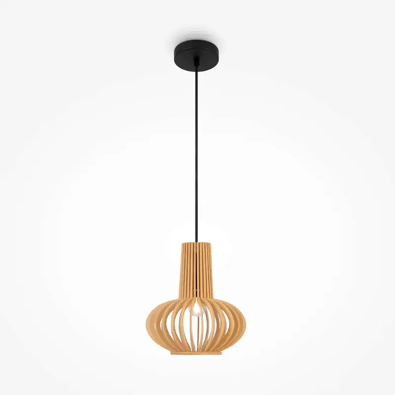 Pendelleuchte – Schwarzes Metall, Holzschirm, Vasen Design, E27 Fassung, IP20 Schutz, Ø35 cm - Roots | Maytoni