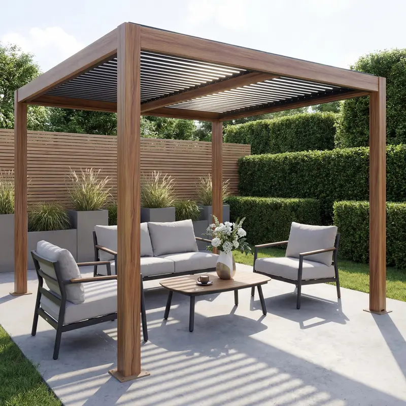 Pergola 3x3m Braun Holz-Optik | Lamellendach Alu-Pavillon