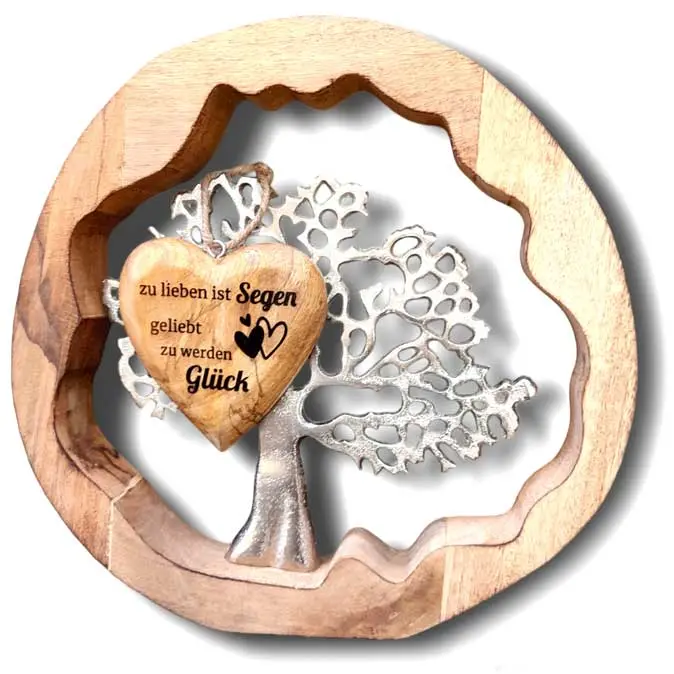 personalisierter Deko Lebensbaum 30cm mit 8cm graviertem Holzherz zum Hinstellen