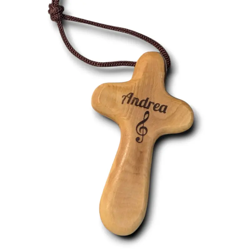 personalisiertes Olivenholzkreuz aus Bethlehem 9 cm Handschmeichler mit Rand