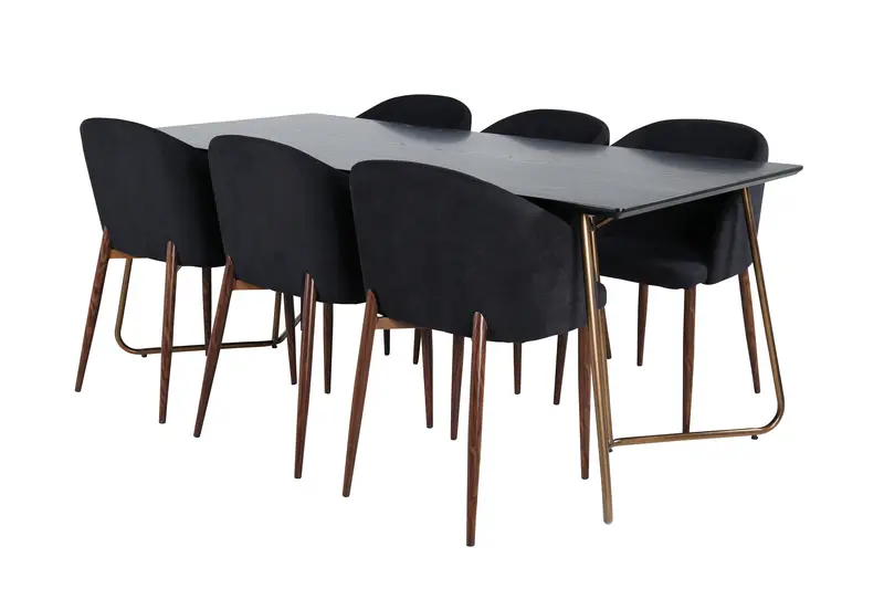 Petra rechteckiges 7 teilig Essgruppen Set mit schwarzem Tisch 190 x 90 cm und 6 schwarzen Esszimmerstühlen