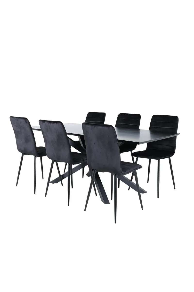 Piazza rechteckiges 7 teiliges Essgruppen Set mit schwarzem Esstisch 180 x 90 x 76 cm und 6 schwarzen Windu Esszimmerstühlen