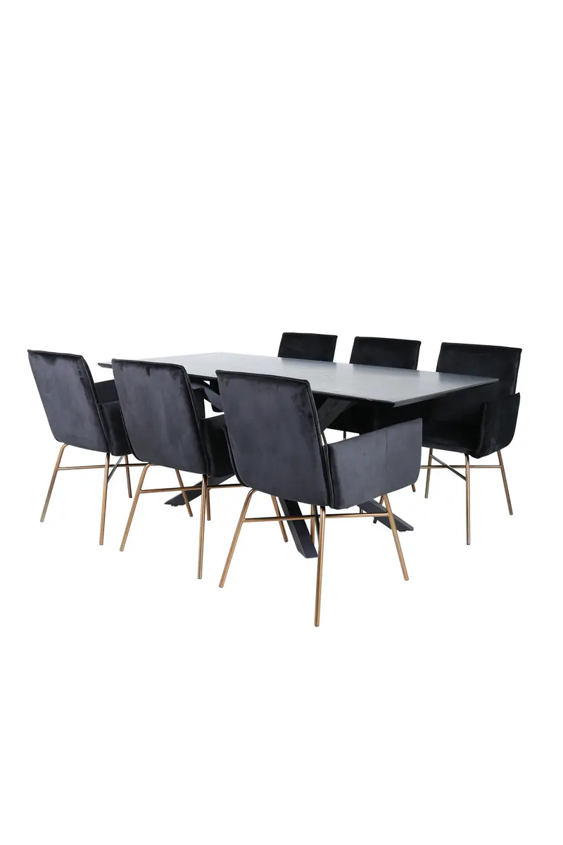 Piazza rechteckiges 7 teiliges Essgruppen Set mit schwarzem Tisch 180 x 90 x 76cm und 6 schwarzen Samtstühlen mit goldfarbenen Beinen