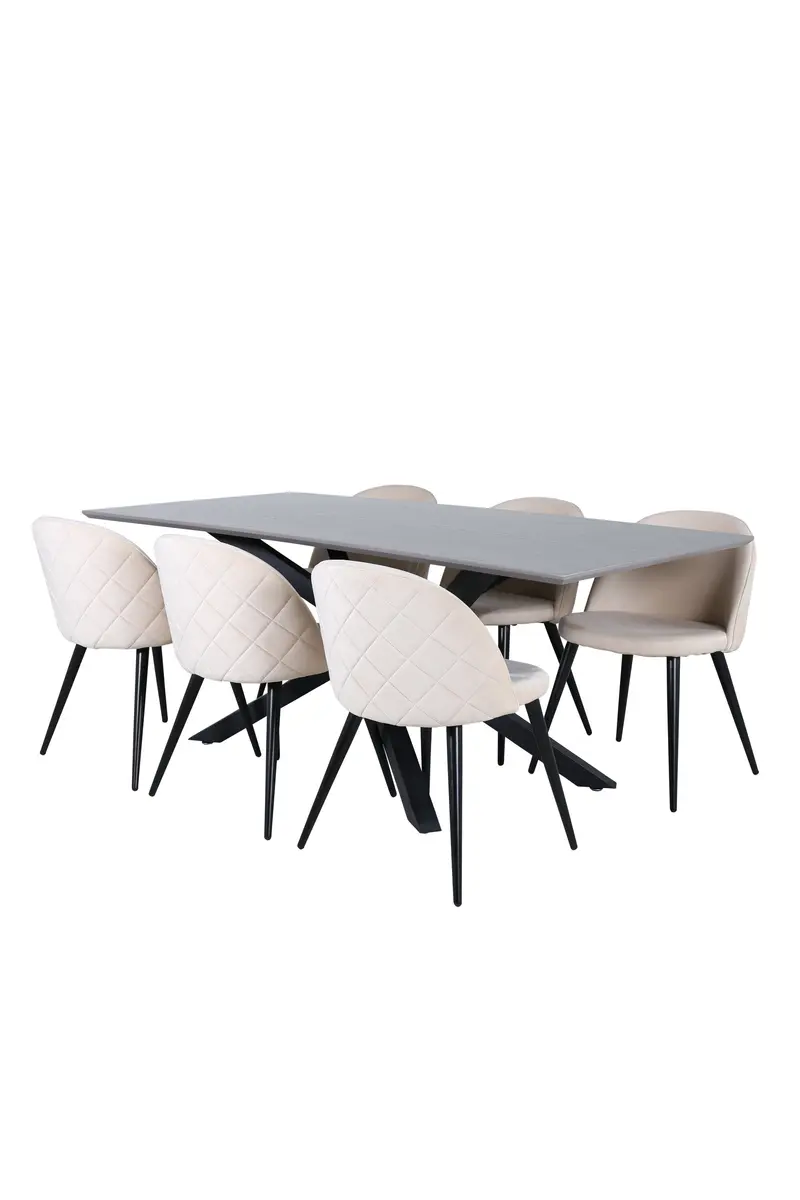 Piazza rechteckiges 7teiliges Essgruppen Set mit grauem Esstisch 180 x 90 cm und 6 beigen Esszimmerstühlen mit Steppoptik