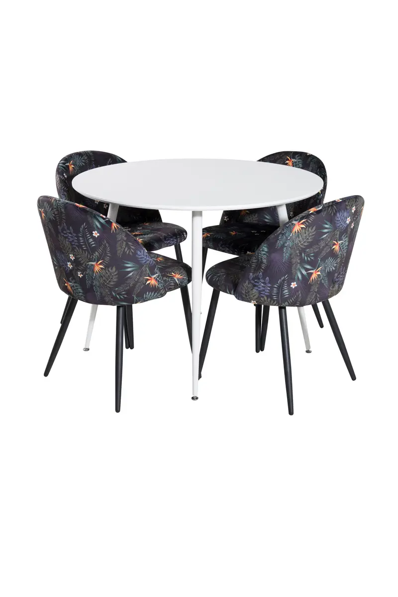 Plaza Essgruppe rund mit weißem Esstisch Ø 100 cm und 4 gemusterten Velvet Stühlen
