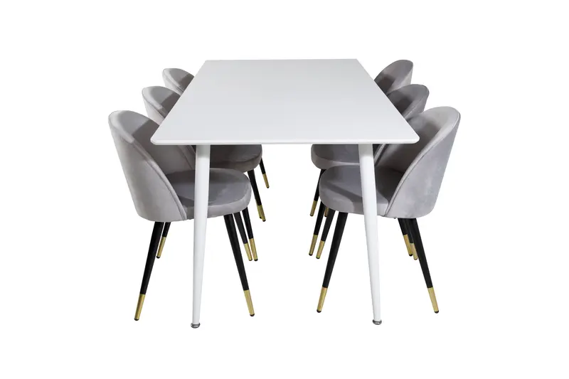 Polar rechteckiges Essgruppen Set 7 teilig mit weißem Esstisch 180 x 90 cm und 6 grauen Samtstühlen