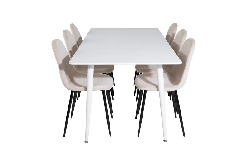Polar rechteckiges Essgruppen Set mit weißem Tisch 180 x 90 cm und 6 beigen Esszimmerstühlen